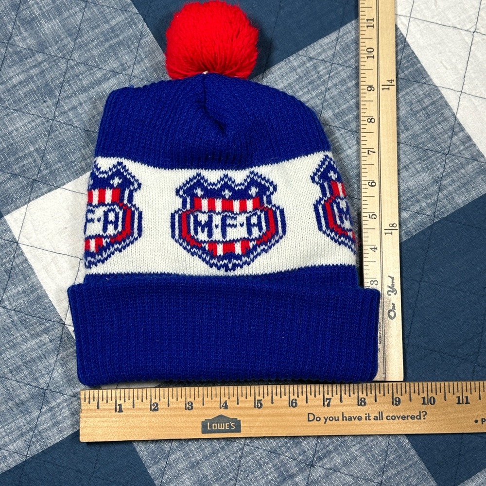 Vintage MFA Shield Logo Knit Beanie Pom Pom Hat Red White Blue Cuffed Winter Cap - Picture 3 of 3